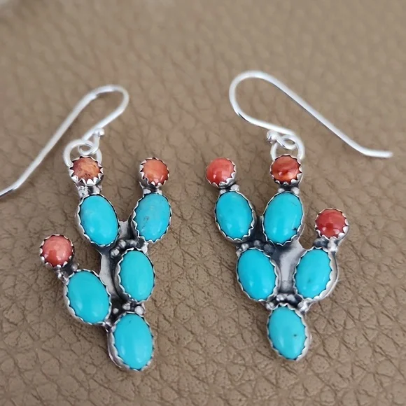 NWT Native American Navajo Turquoise Cactus Dangle Earrings 🩵🌵🧡 - Picture 3 of 12